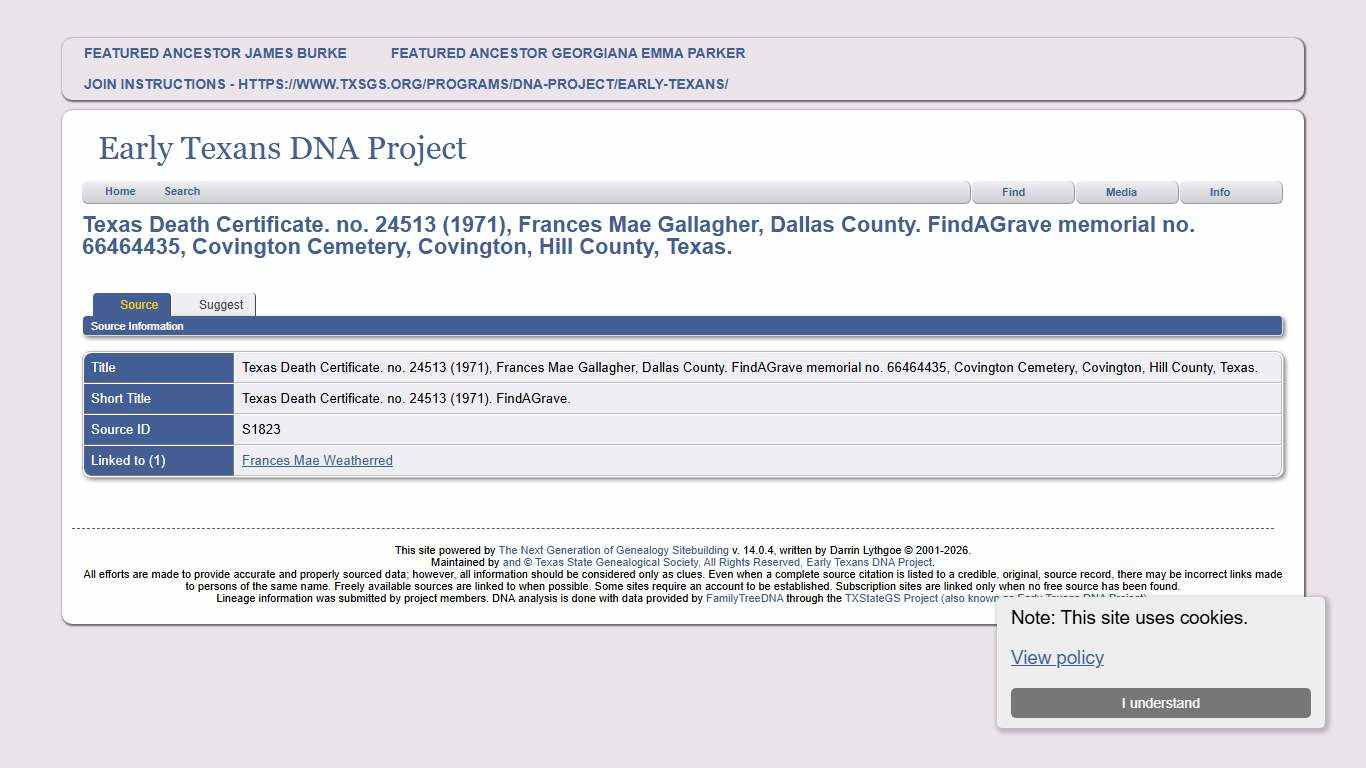 Texas Death Certificate. no. 24513 (1971), Frances Mae Gallagher, Dallas County. FindAGrave memorial no. 66464435, Covington Cemetery, Covington, Hill County, Texas.: Early Texans DNA Project