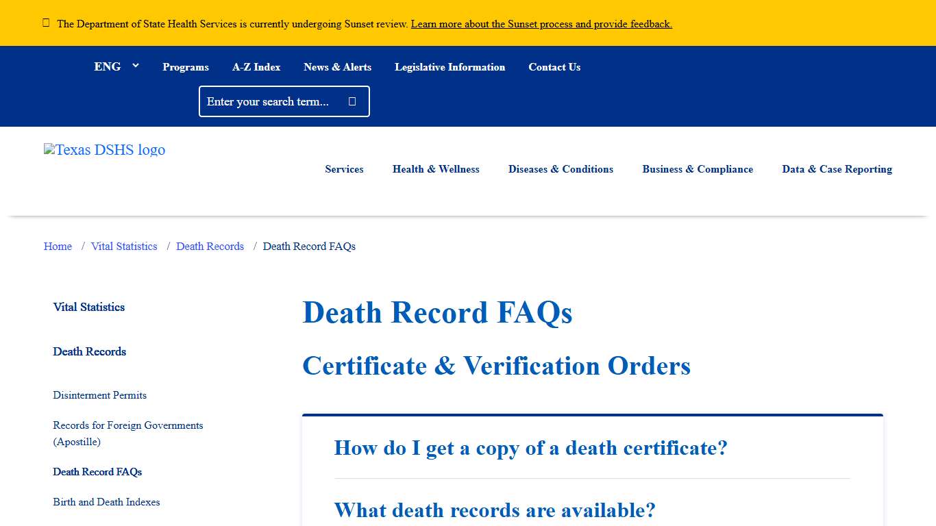 Death Record FAQs Texas DSHS